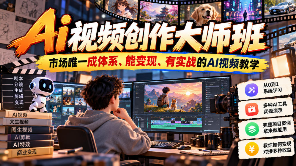 Ai视频创作大师班，市场唯一成体系、能变现、有实战的AI视频教学(更新2026)-禾谷轻创网