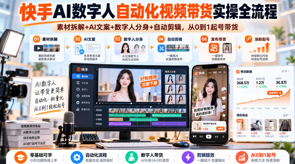 快手AI数字人自动化视频带货实操全流程|素材拆解+AI文案+数字人分身+自动剪辑,从0到1起号带货(更新26年)-禾谷轻创网