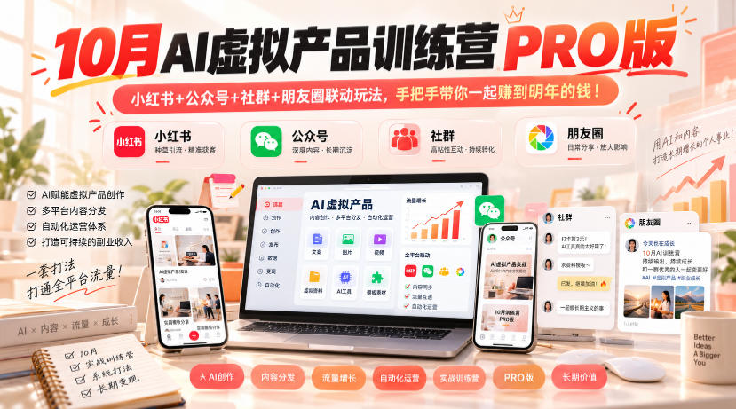 10月AI虚拟产品训练营PRO版，小红书+公众号+社群+朋友圈联动玩法，手把手带你一起赚到明年的钱！-禾谷轻创网