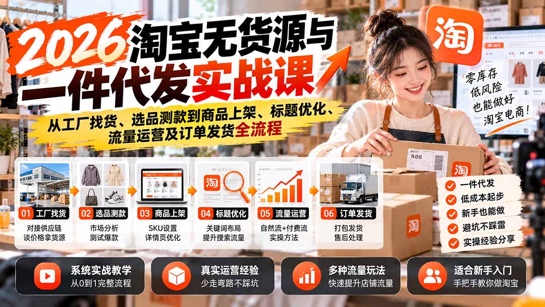 2026淘宝无货源与一件代发实战课：从工厂找货、选品测款到商品上架、标题优化、流量运营及订单发货全流程-禾谷轻创网