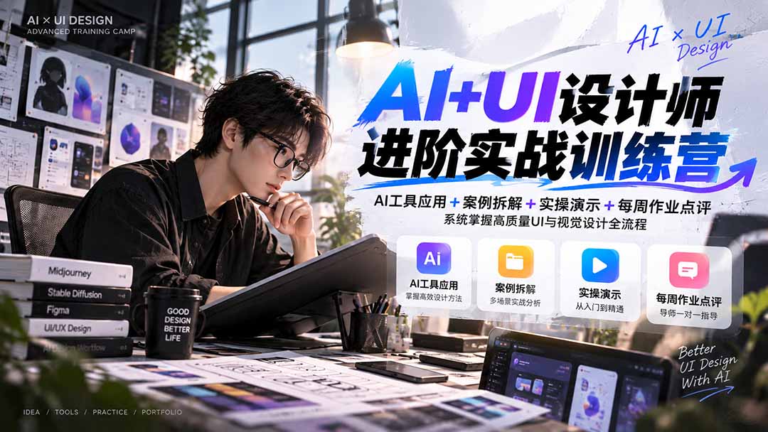 【无水印】AI+UI设计师进阶训练营-第4期：AI工具应用+案例拆解+实操演示+作业点评，掌握高质量UI与视觉设计全流程-禾谷轻创网