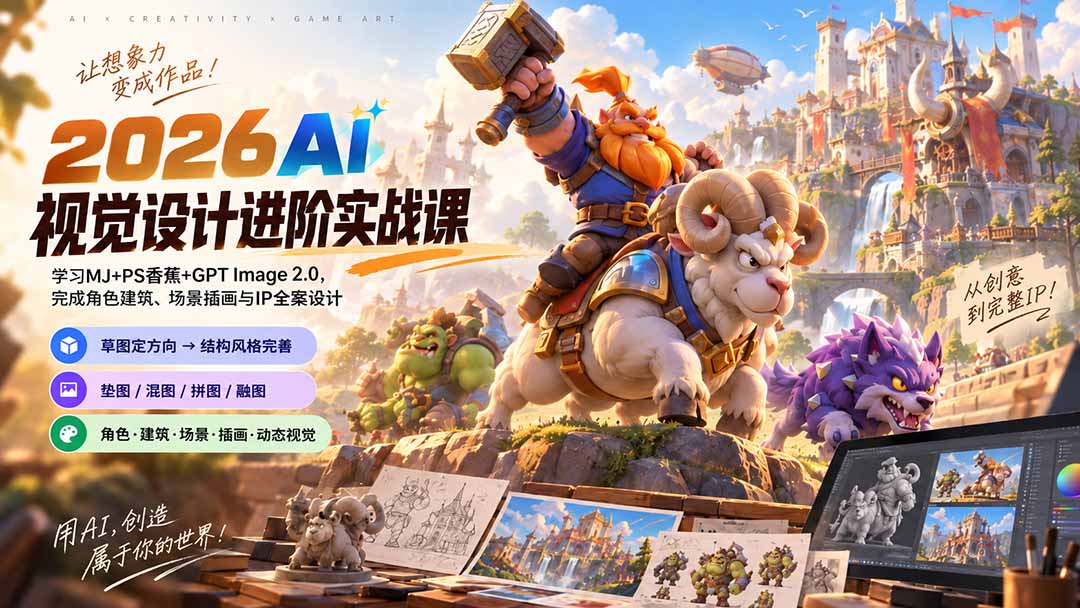 2026AI视觉设计进阶实战课-更新1007：学习MJ+PS香蕉+GPT Image 2.0，完成角色建筑、场景插画与IP全案设计-禾谷轻创网