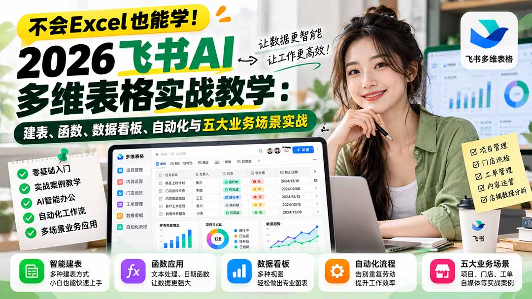 不会Excel也能学！2026飞书AI多维表格实战教学：建表、函数、数据看板、自动化与五大业务场景实战-禾谷轻创网