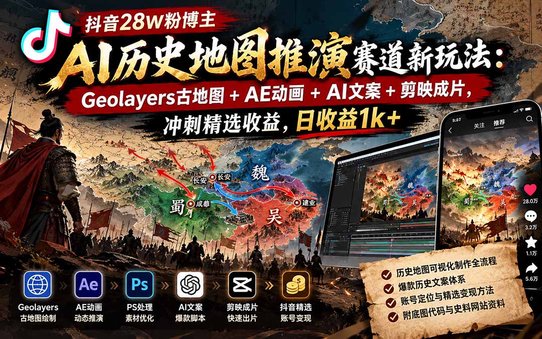 抖音28W粉博主AI历史地图推演赛道新玩法：Geolayers古地图+AE动画+AI文案+剪映成片，冲刺精选收益，日收益1k+-禾谷轻创网