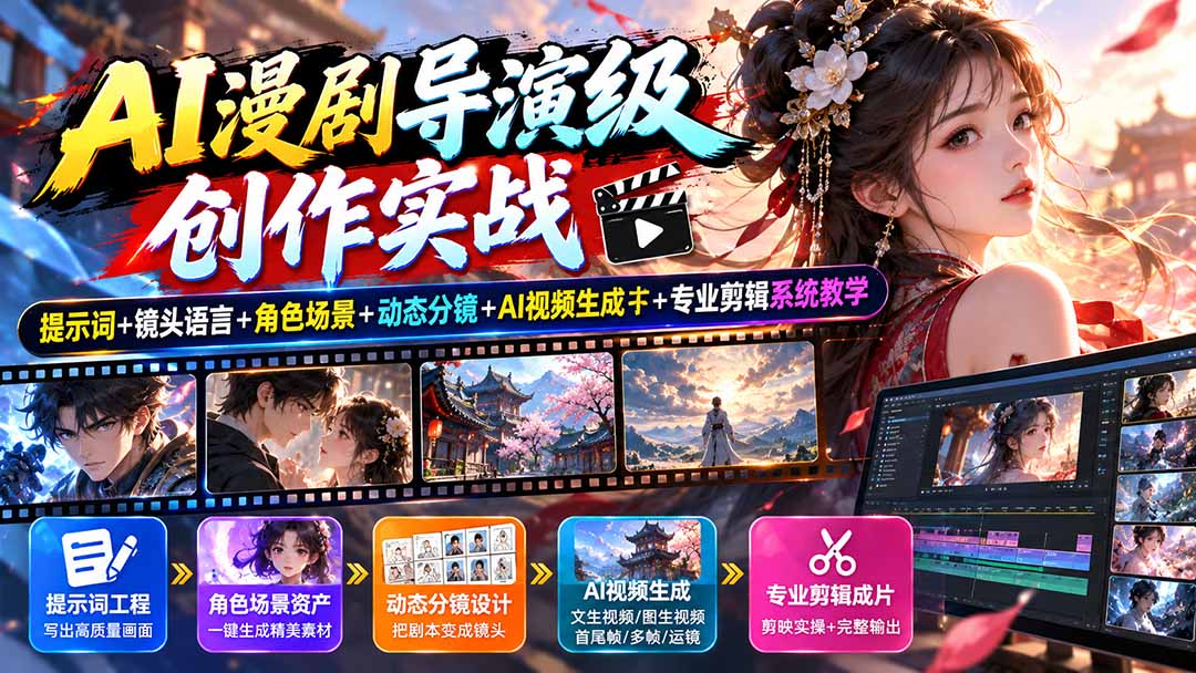 AI漫剧导演级创作实战：提示词+镜头语言+角色场景+动态分镜+AI视频生成+专业剪辑系统教学-禾谷轻创网