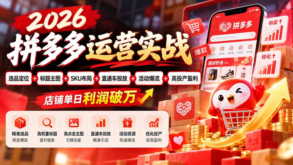 2026拼多多运营实战-更新1002：选品定位+标题主图+SKU布局+直通车投放+活动爆流+高投产盈利 店铺单日利润破万-禾谷轻创网