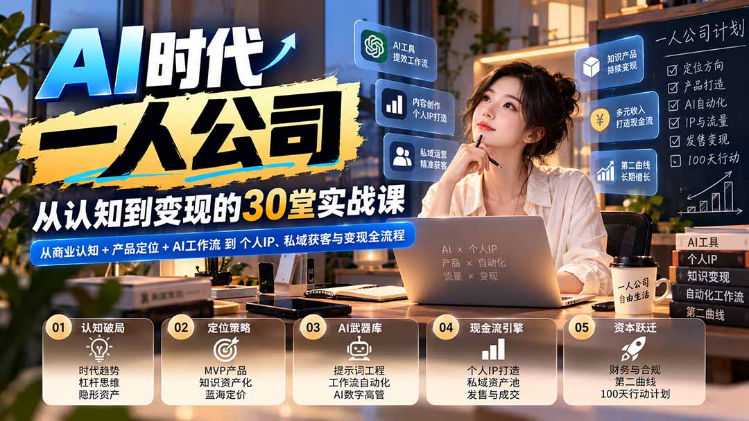 【无水印】AI时代一人公司30堂实战课：从商业认知+产品定位+AI工作流到个人IP、私域获客与变现全流程-禾谷轻创网