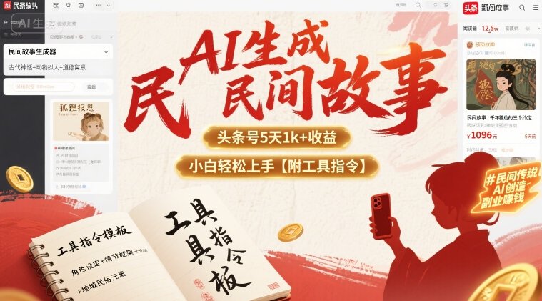 AI生成民间故事，头条号5天1k+，小白轻松上手【附工具指令】-禾谷轻创网