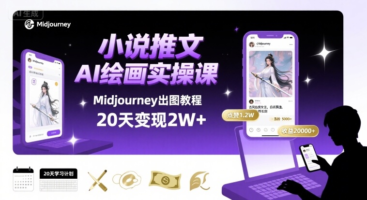 小说推文干货分享之AI绘画MJ出图实操课，用Midjourney做小说推文，20天挣2w-禾谷轻创网