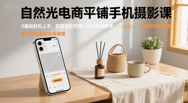 自然光电商平铺手机摄影课，0基础轻松上手，拍摄修图剪辑一站式实操教学，用手机也能拍出高级感-禾谷轻创网