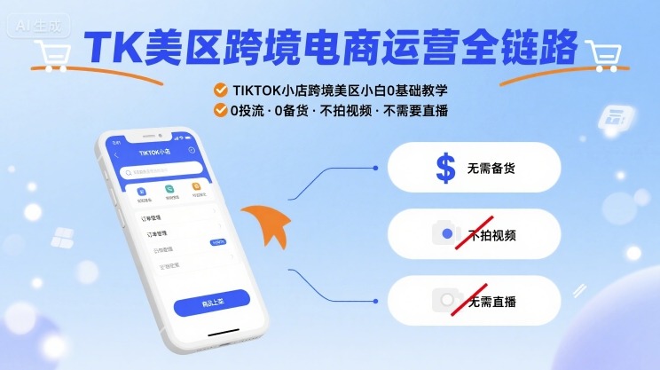 TK美区跨境电商运营全链路，TIKTOK小店跨境美区小白0基础教学，0投流0备货不拍视频不需要直播-禾谷轻创网