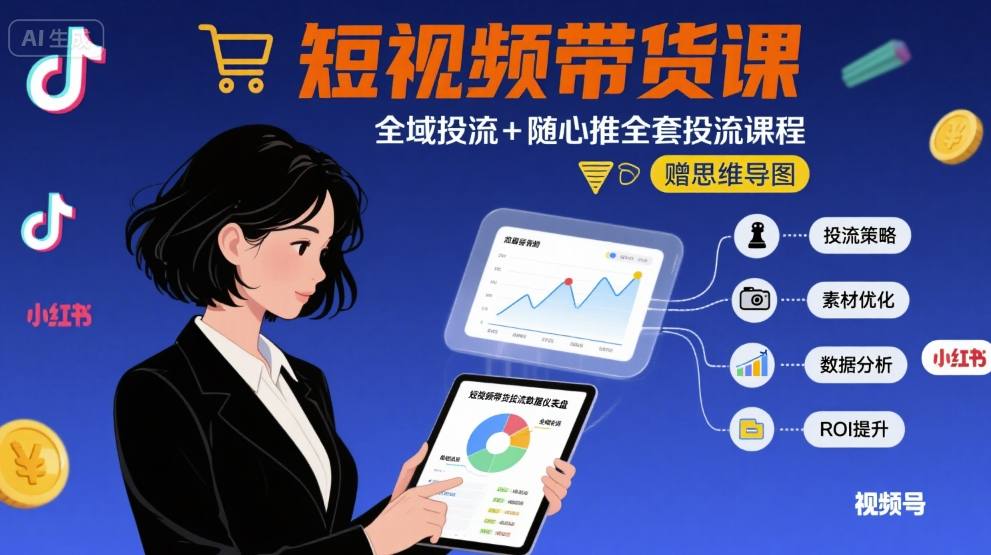 最新短视频带货课，全域投流+随心推全套投流课程+思维导图-禾谷轻创网