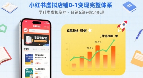 小红书虚拟店铺0-1变现完整体系：卖学科类虚拟资料，一天6张+，很稳定【已完结】-禾谷轻创网