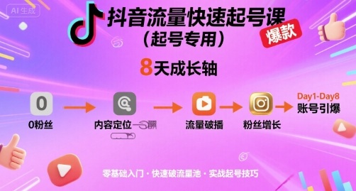 抖音流量快速起号课(起号专用),8天带你做爆自己的账号