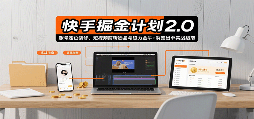 快手掘金计划2.0，账号定位装修、短视频剪辑选品与磁力金牛+裂变出单实战指南-禾谷轻创网