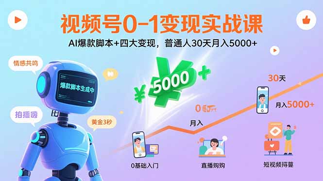 视频号0-1变现实战课：AI爆款脚本+四大变现，普通人30天月入5000+-禾谷轻创网