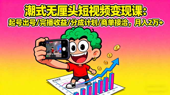 潮式无厘头短视频变现课：起号出号/完播收益/分成计划/商单接洽，月入2万+-禾谷轻创网