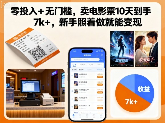 零投入+无门槛，卖电影票10天到手7k+，新手照着做就能变现【揭秘】-禾谷轻创网