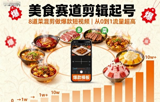 美食赛道剪辑起号，8道菜混剪做爆款短视频，从0到1，流量超高-禾谷轻创网