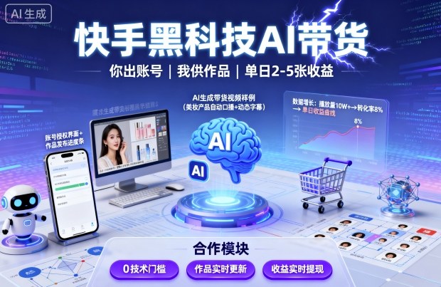 快手黑科技AI带货，你提供账号，我提供作品并发布，单日2-5张【揭秘】-禾谷轻创网