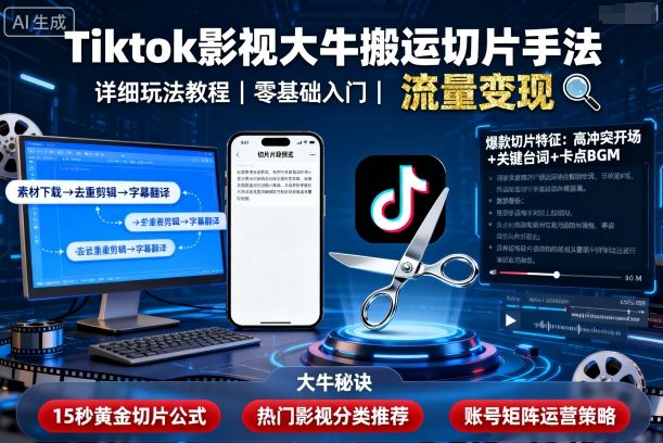 Tiktok影视大牛搬运切片手法，详细玩法教程-禾谷轻创网