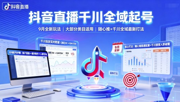 抖音直播千川全域起号，9月全新玩法，大部分类目适用，随心推以及千川全域最新打法-禾谷轻创网