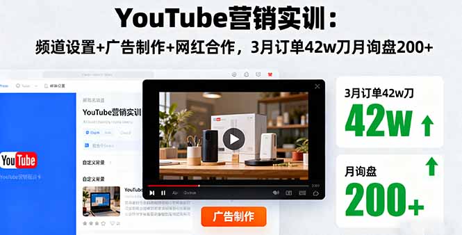 YouTube营销实训：频道设置+广告制作+网红合作，3月订单42w刀月询盘200+-禾谷轻创网