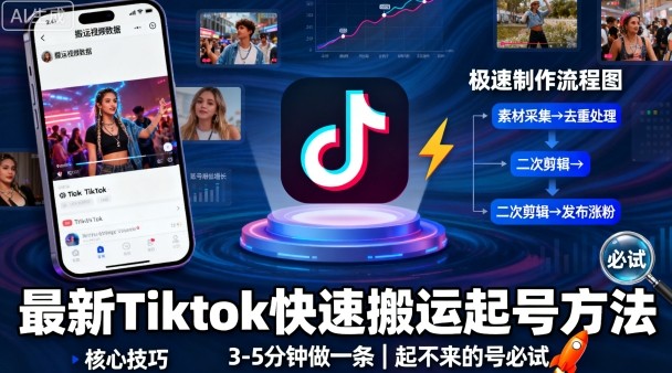 最新Tiktok快速搬运快速起号方法，3-5分钟做一条，起不来的号可以试试-禾谷轻创网