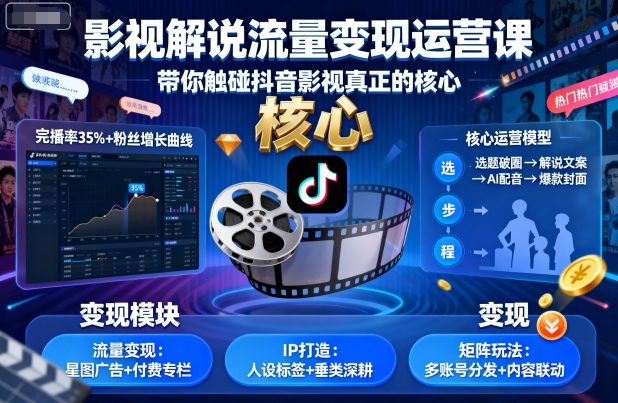 影视解说流量变现运营课，带你触碰抖音影视真正的核心-禾谷轻创网