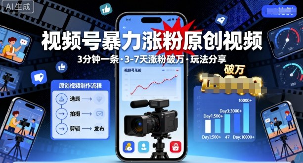 视频号暴力涨粉原创视频，3分钟一条原创视频，3-7天涨粉破万，玩法分享给你-禾谷轻创网