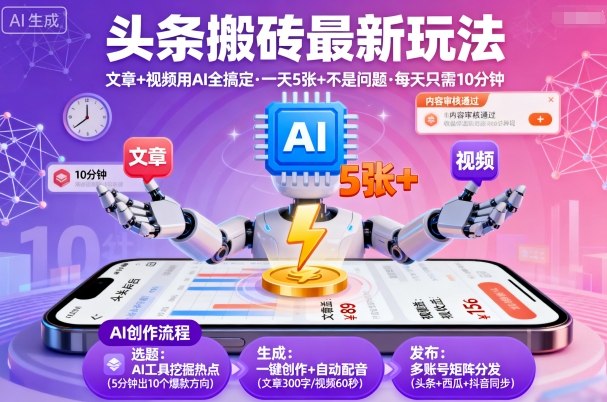 头条搬砖最新玩法，文章+视频用AI全搞定，一天5张+不是问题，每天只需10分钟-禾谷轻创网