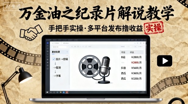 万金油之纪录片解说教学，手把手教你，完全实操，多平台发布撸收益-禾谷轻创网