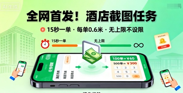 全网首发！酒店截图任务，15秒一单，每单0.6米，任务无上限不设限，矩阵操作单日3张到手【揭秘】-禾谷轻创网