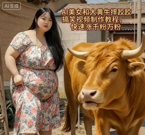 AI美女和大黄牛摔跤搞笑荒诞视频制作教程，快速涨千粉万粉-禾谷轻创网