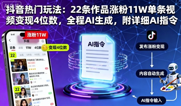抖音热门玩法：22条作品涨粉11W单条视频变现4位数，全程AI生成，附详细AI指令-禾谷轻创网