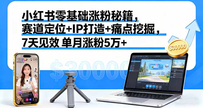 小红书零基础涨粉秘籍，赛道定位+IP打造+痛点挖掘，7天见效 单月涨粉5万+-禾谷轻创网