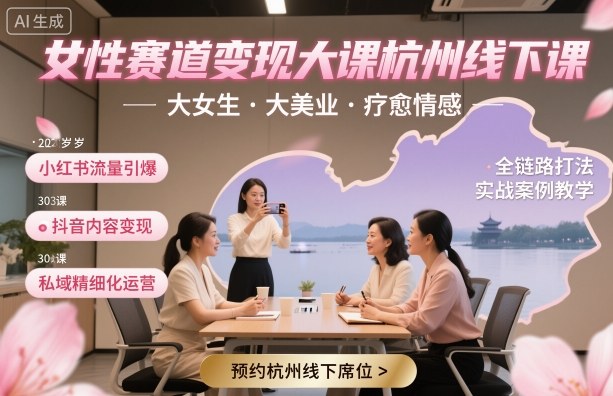 女性赛道变现大课杭州线下，大女生，大美业，疗愈情感，一套小红书、抖音、私域全链路打法-禾谷轻创网