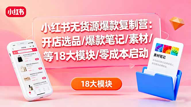 小红书无货源爆款复制营：开店选品/爆款笔记/素材/等18大模块/零成本启动-禾谷轻创网