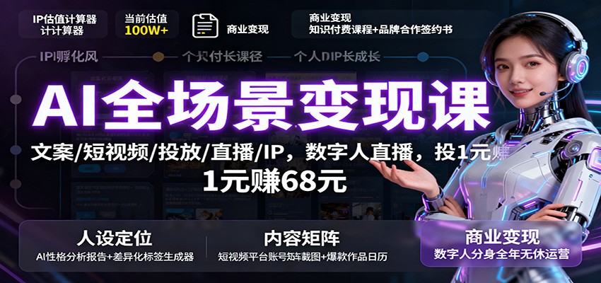 AI全场景变现课：文案/短视频/投放/直播/IP，数字人直播，投1元赚68元-禾谷轻创网