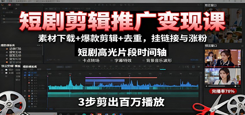 短剧剪辑推广变现课：素材下载+爆款剪辑+去重，挂链接与涨粉-禾谷轻创网