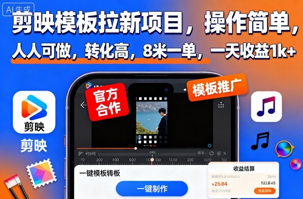 剪映模板拉新项目，操作简单，人人可做，转化高，8米一单，一天收益1k+-禾谷轻创网