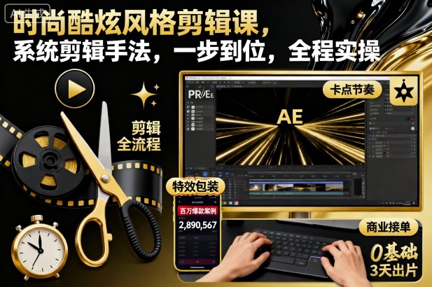 时尚酷炫风格剪辑课，系统剪辑手法，一步到位，全程实操-禾谷轻创网