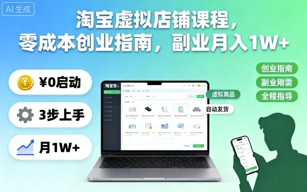 淘宝虚拟店铺课程，零成本创业指南，副业月入1W+-禾谷轻创网