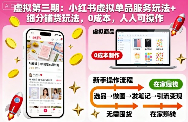 虚拟第三期：小红书虚拟单品服务玩法+细分铺货玩法，0成本，人人可操作-禾谷轻创网