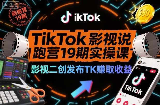 TikTok影视解说陪跑营19期实操课，影视二创发布TK賺取收益，万播收益50美金-禾谷轻创网