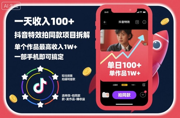 一天收入100+，抖音特效拍同款项目拆解，单个作品最高收入1W+，一部手机即可搞定-禾谷轻创网