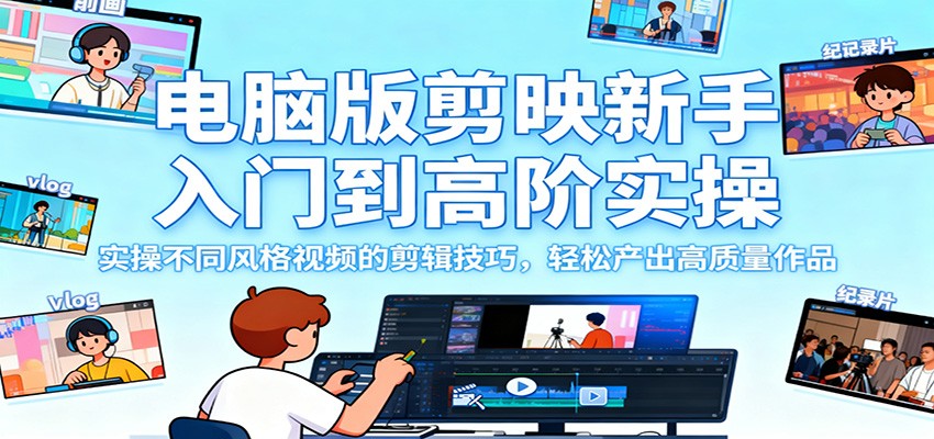 电脑版剪映新手入门到高阶实操，实操不同风格视频的剪辑技巧，轻松产出高质量作品-禾谷轻创网