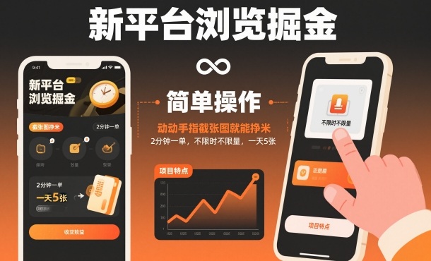 新平台浏览掘金，动动手指截张图就能挣米，2分钟一单，不限时不限量，一天5张【揭秘】-禾谷轻创网