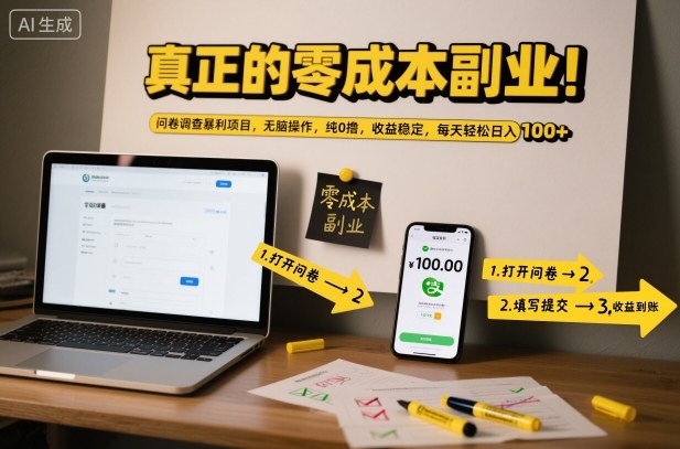 真正的零成本副业！问卷调查暴利项目，无脑操作，纯0撸，收益稳定，每天轻松日入100+【揭秘】-禾谷轻创网