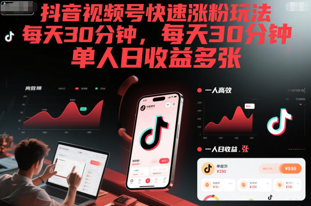 抖音视频号快速涨粉玩法，每天30分钟，单人日收益多张-禾谷轻创网